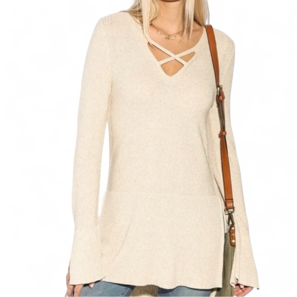 Free People Sweater Dress Women S Beige Knit Crisscross V-Neck Tunic Boho - Picture 1 of 9